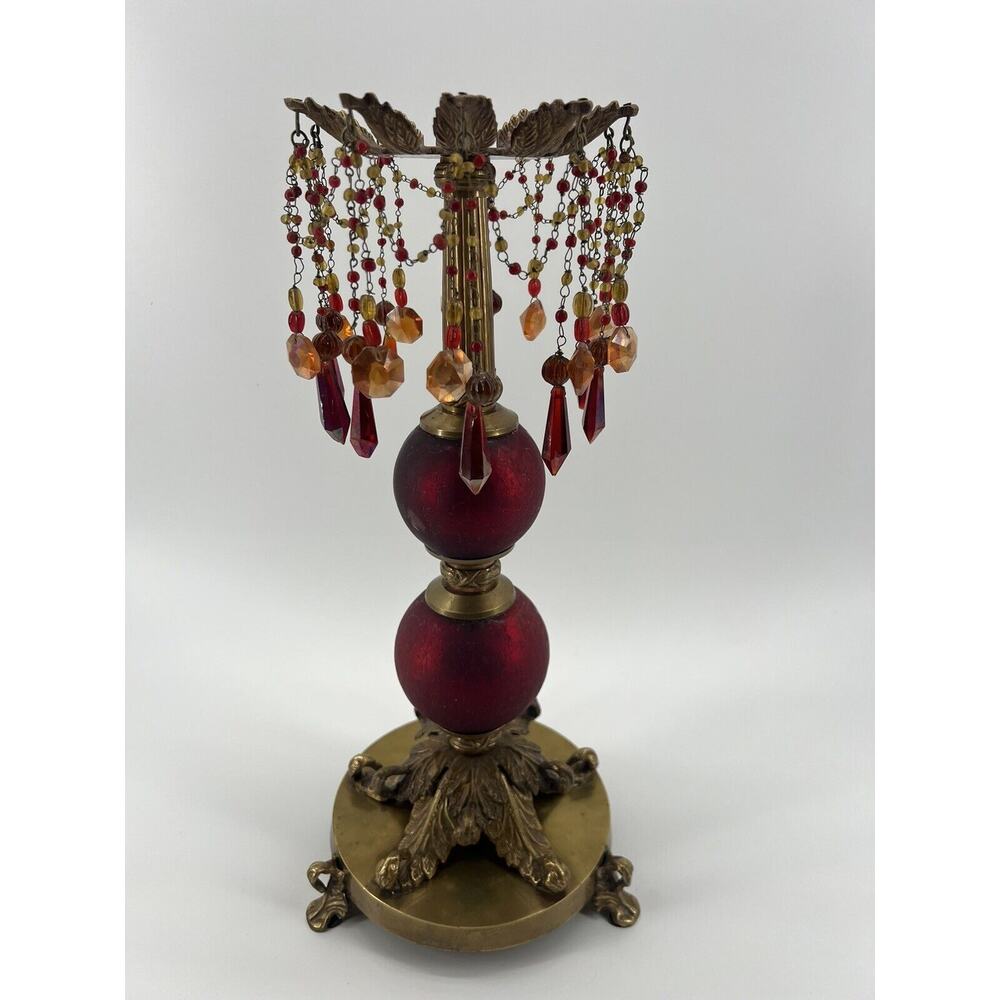 Victorian Baroque Ornate Beaded Ruby Red Glass Brass Candle Holder Prisms